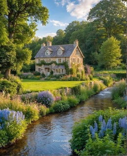 English Cottage by Stream