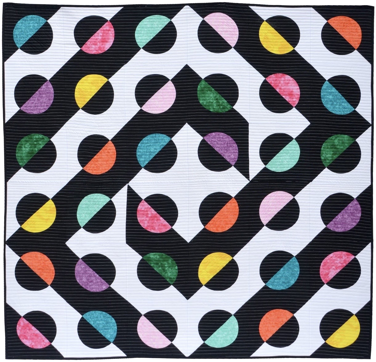 Geometric pattern with multicolored half circles on black and white checkered grid