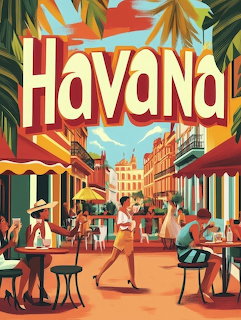 Colorful retro illustration of a Havana street scene with cafes, colonial buildings, palm trees, and pedestrians