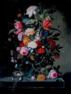 Victorian still life painting with abundant flowers, bird nest with eggs, and fruit on dark background