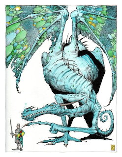 White dragon with decorative teal wings and intricate patterns, sitting with tail curled, small figure at base