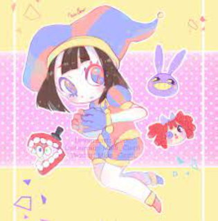 Anime girl in clown costume and big hat with pastel colors and floating cartoon characters
