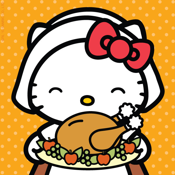 Hello Kitty wearing a pilgrim bonnet and holding a Thanksgiving turkey platter on an orange background