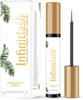 Infinitlash lash and brow serum bottle and packaging box on white background with green leaves