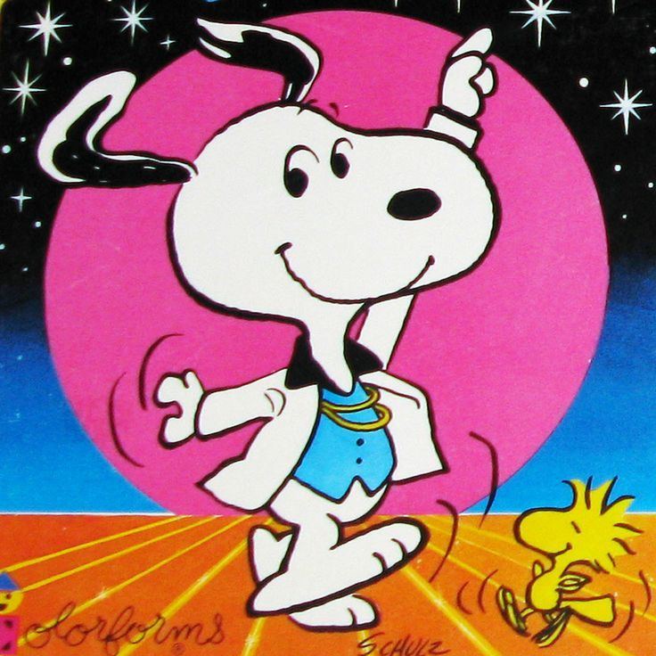 Snoopy dancing with Woodstock under a pink moon and starry night sky
