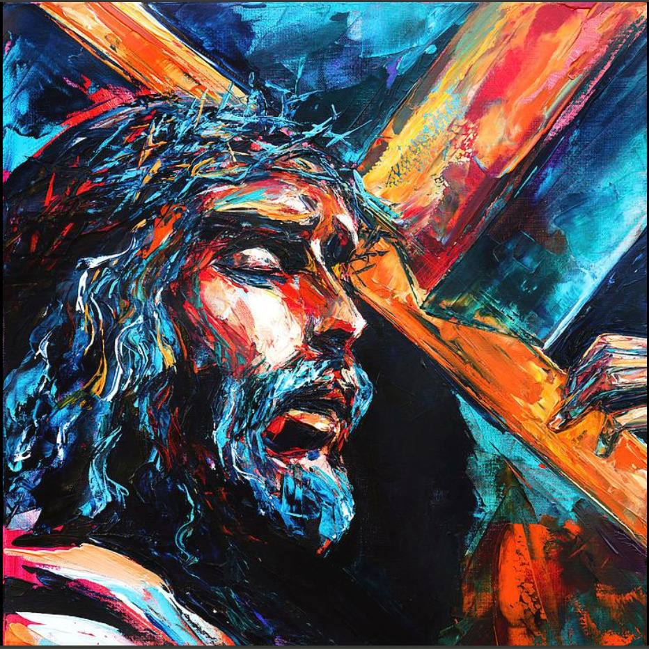 Expressionist painting of Jesus Christ with crown of thorns carrying wooden cross in vivid orange and blue
