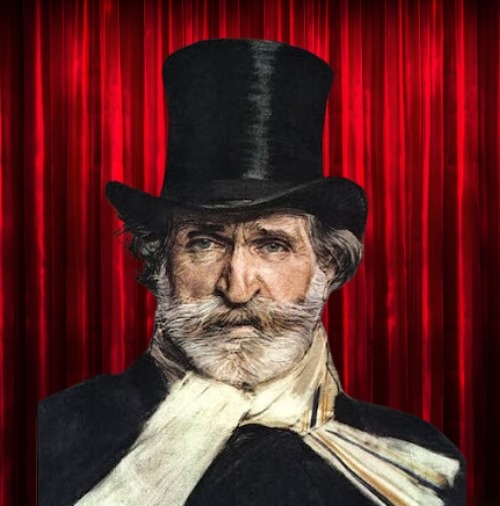 Portrait of bearded man in black top hat and formal coat with red curtain background