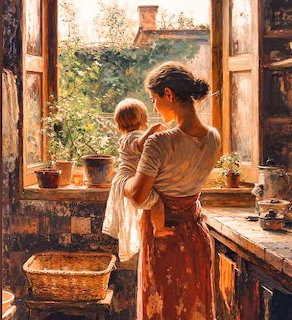 Woman holding toddler at sunny kitchen window in rustic cottage interior