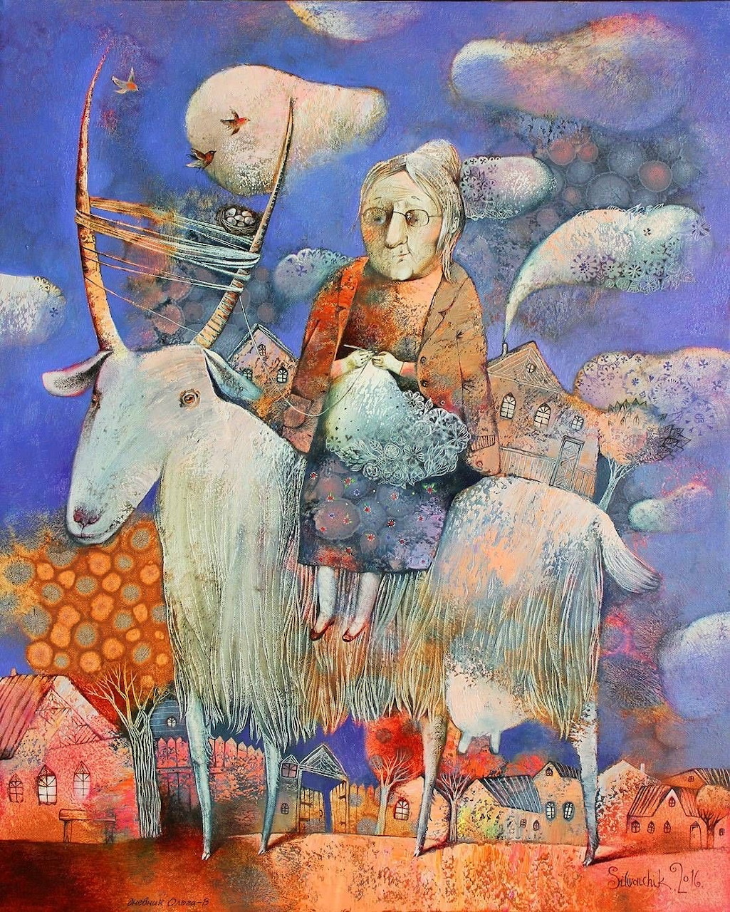 Folk art painting of woman knitting on white goat with skeleton figure, sheep, and colorful clouds