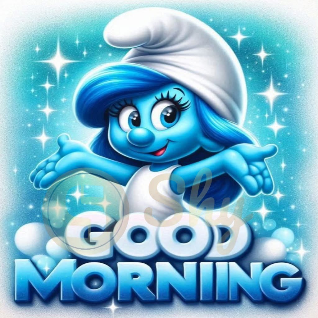 Smiling Smurf in white hat waving next to Good Morning text on turquoise starry background