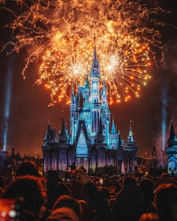 Fireworks exploding over illuminated Disney castle at night with crowd silhouettes in foreground