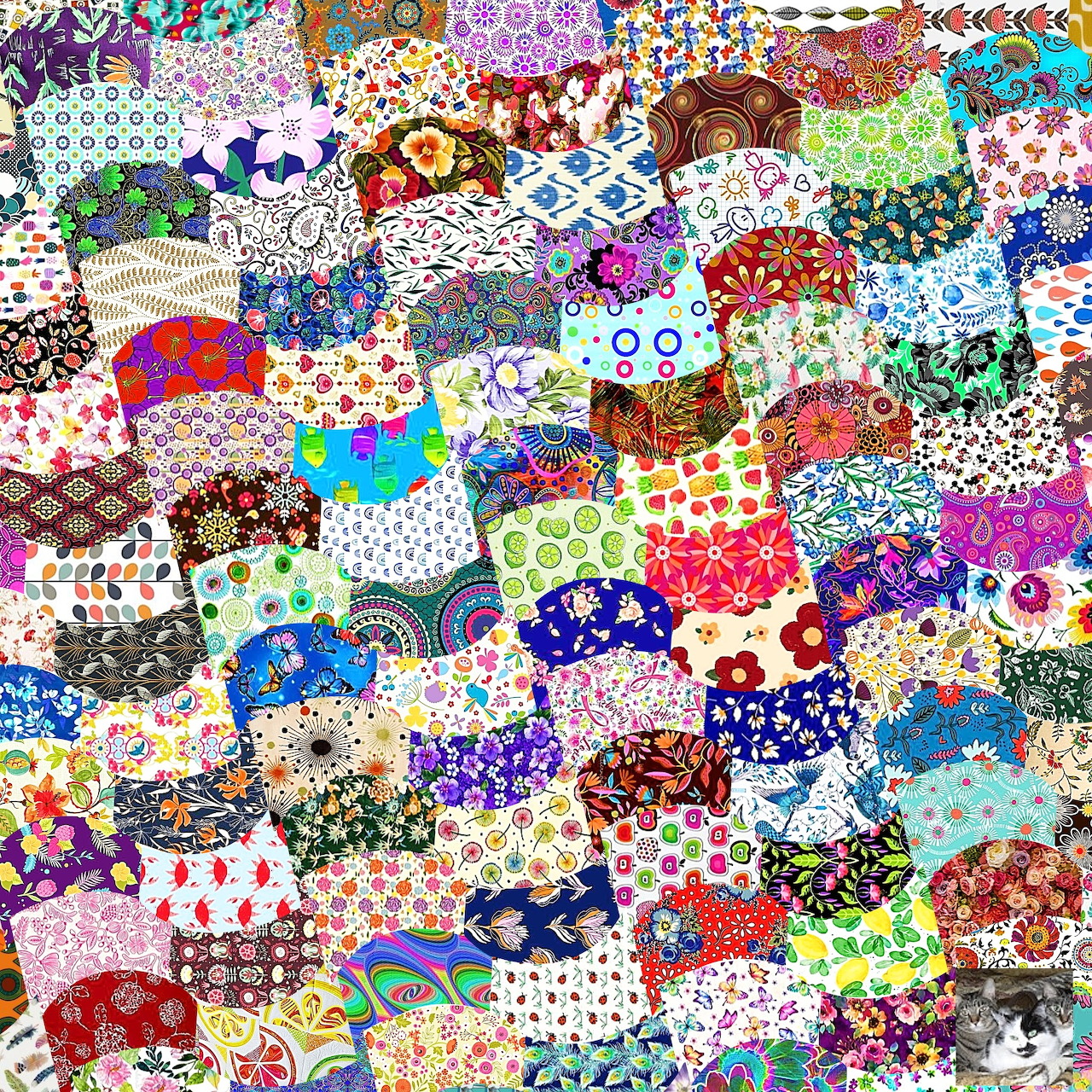 Colorful patchwork quilt with varied patterns including florals, dots, and geometric designs in multiple fabric squares
