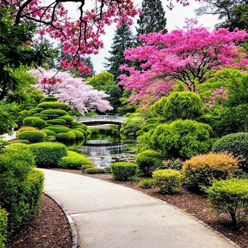 Japanese garden with pink cherry blossoms, sculpted green shrubs, stone bridge, and curved pathway in spring