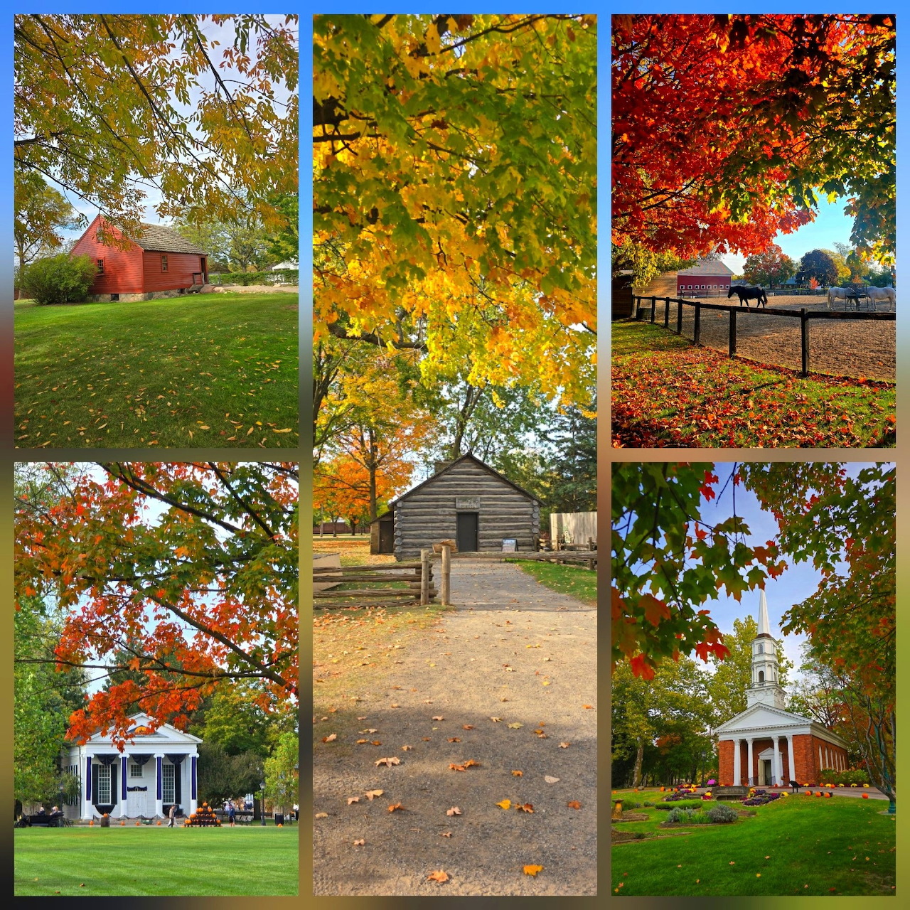 Collage of six autumn scenes showing historic buildings and colorful fall trees at Greenfield Village