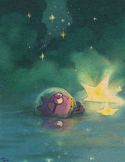 Illustration of a small turtle in a bubble reaching for a glowing star on calm water under a stary night sky