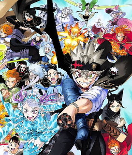 Black Clover anime characters in dynamic action poses with magical flames and energy effects