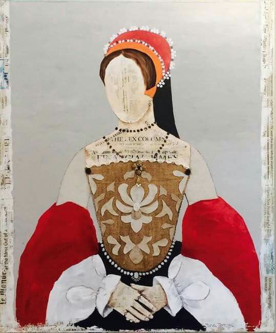 Faceless woman in red and gold Tudor dress, mixed-media collage painting