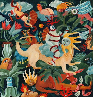 Colorful fantasy painting with a lion-like creature, fish, birds, and dense jungle plants