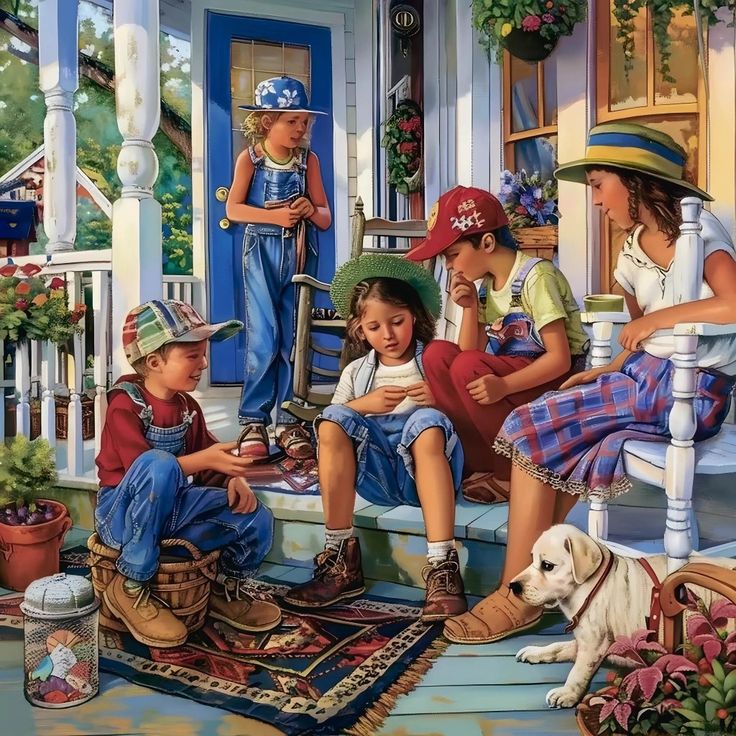 Children on Porch with Dog