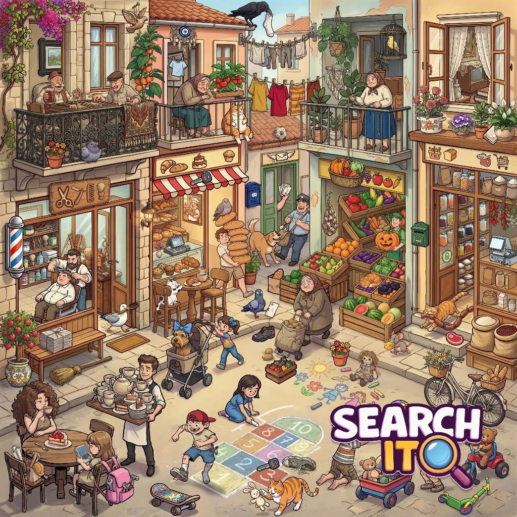 Cutaway illustration of crowded multi-story art studio with many artists working, paintings, sculptures, and cats