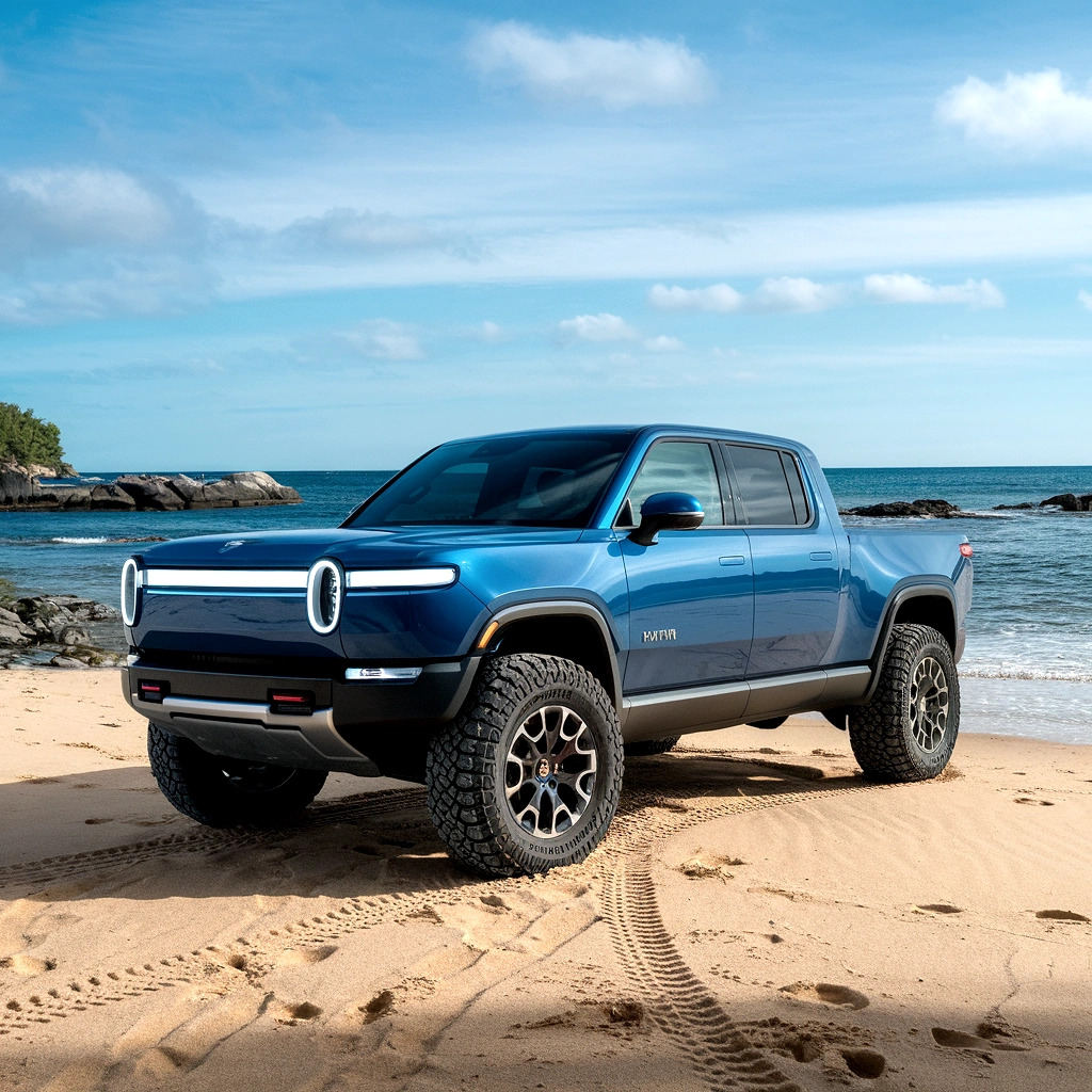 Blue Rivian electric pickup truck on sandy beach with ocean horizon
