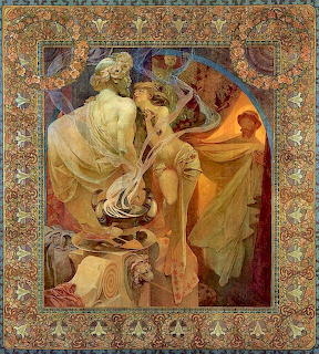 Art Nouveau woman in flowing dress with elaborate ornamental frame in Mucha style