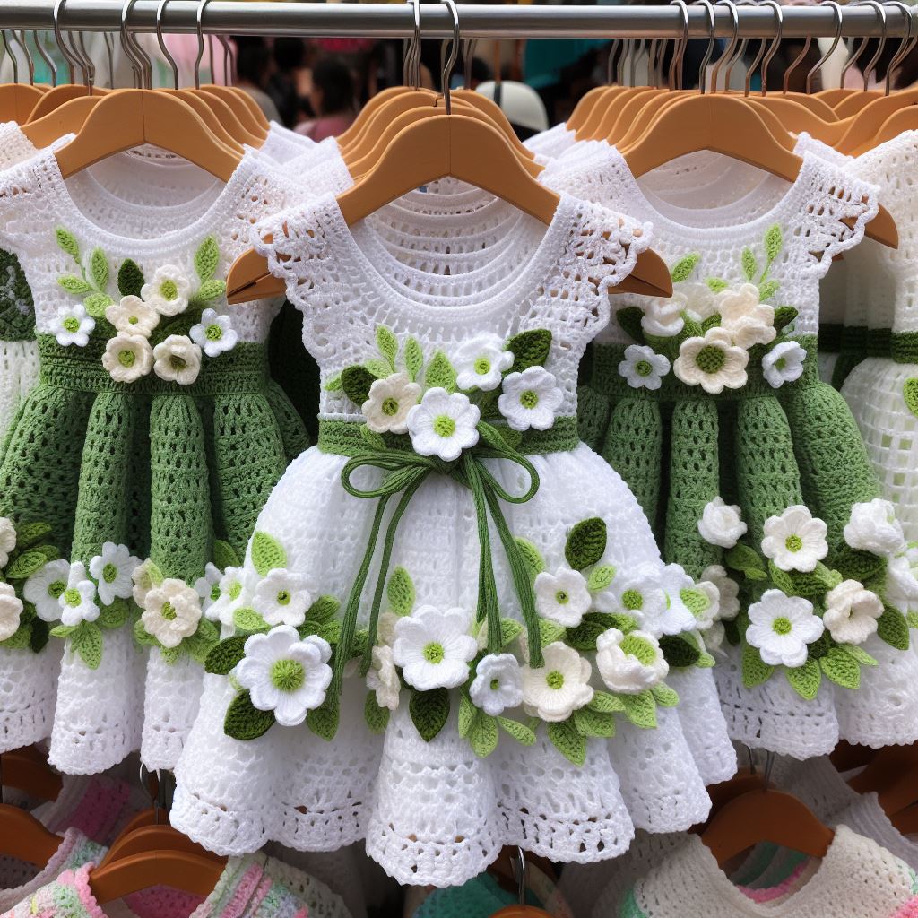 Three crocheted miniature dresses on wooden hangers with white lace tops, green skirts, and white flower decorations