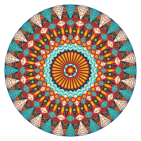 Detailed circular mandala with colorful geometric patterns radiating from center in turquoise, orange, and red tones