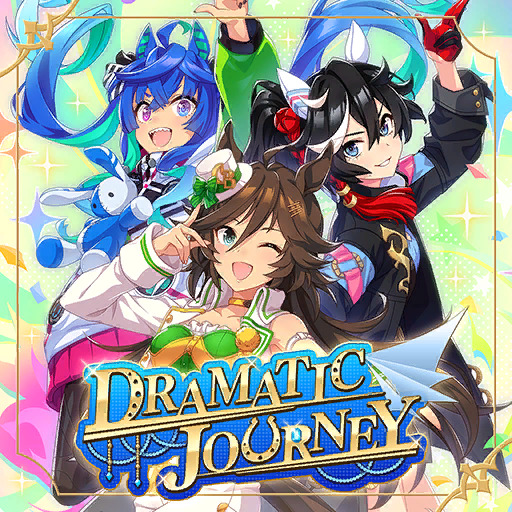 Colorful anime illustration of three smiling characters around a Dramatic Journey logo
