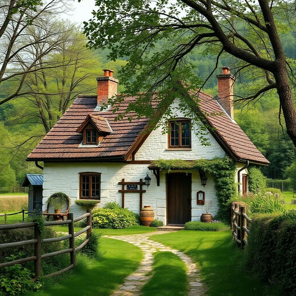 White cottage with red tile roof nestled in green forest with wooden fence and path