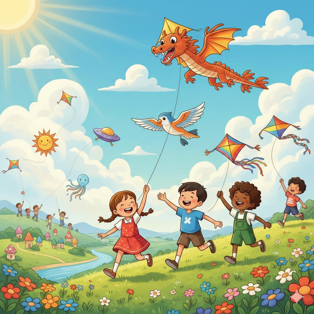 Cartoon children flying colorful kites in a sunny flower meadow under a blue sky