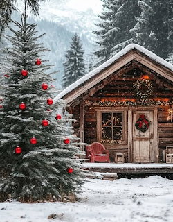 Snow-covered cottage with Christmas tree decorated with red ornaments, evergreen trees and mountains in winter landscape