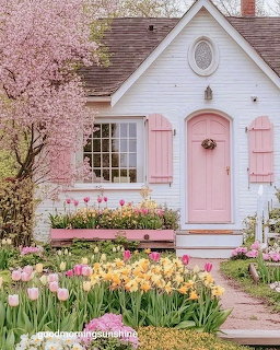 White cottage with pink door, shutters, and spring tulip garden in full bloom