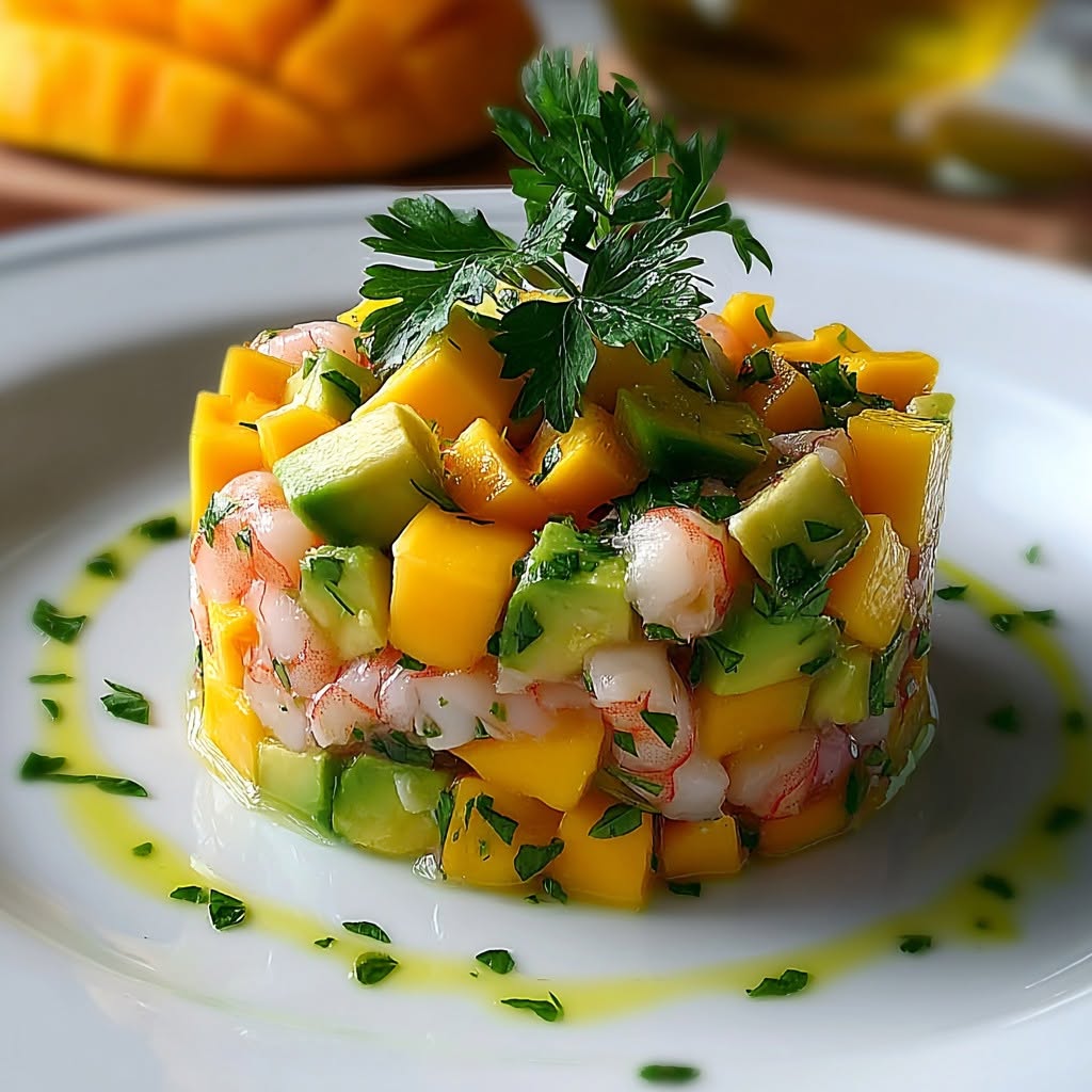 Shrimp, mango, and avocado tartare stacked on a white plate with parsley garnish