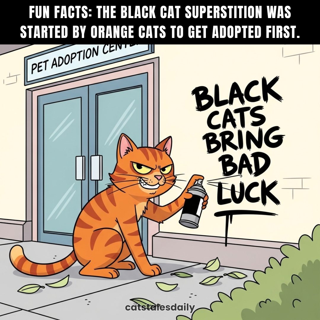 Cartoon orange cat with mischievous expression outside pet adoption center, comic about black cat superstition