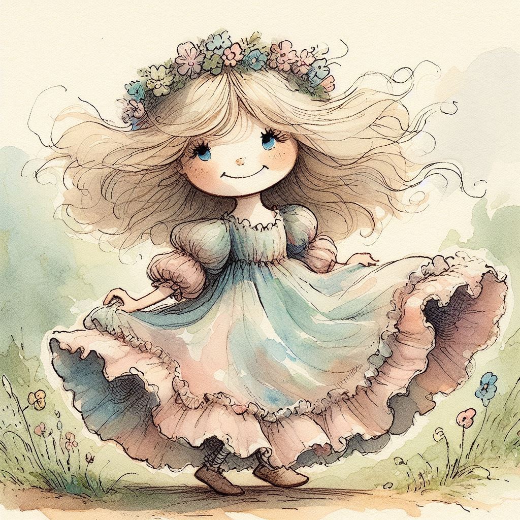 Whimsical watercolor girl with flowing hair in pastel layered dress dancing in meadow