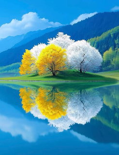 Yellow and white flowering trees reflected in a calm lake with blue mountains in the background