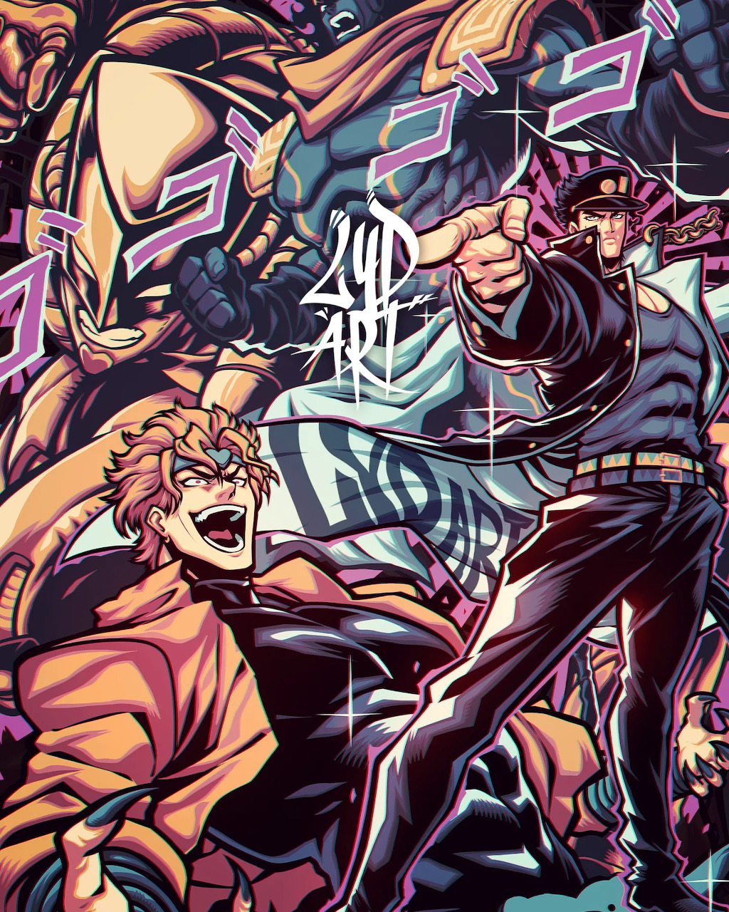 Anime illustration of two characters in dramatic battle poses with intense expressions and colorful effects