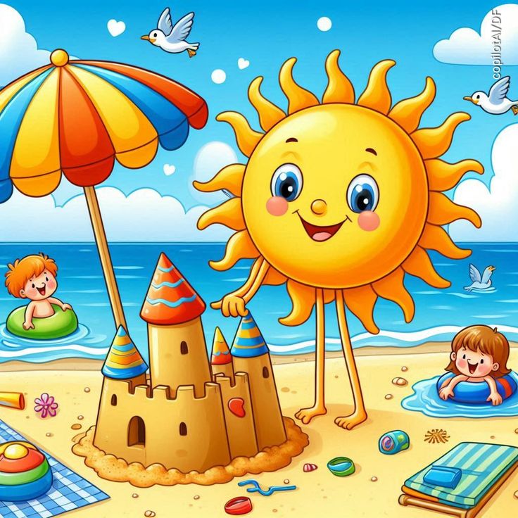 Cartoon beach with a smiling sun, sandcastle, umbrella, and children playing near the water