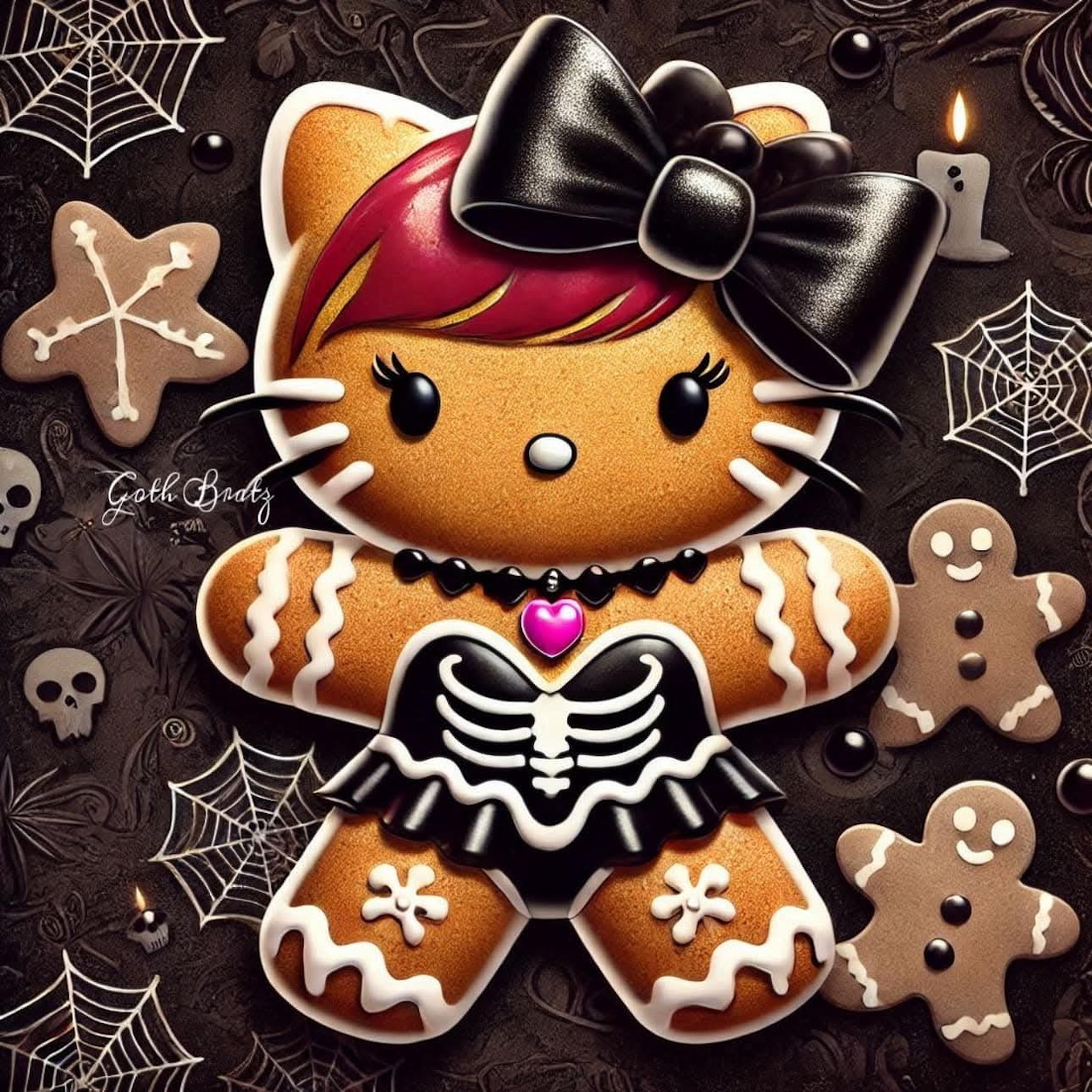 Gothic Hello Kitty gingerbread cookie with skeleton decoration surrounded by spiderweb and skull cookies