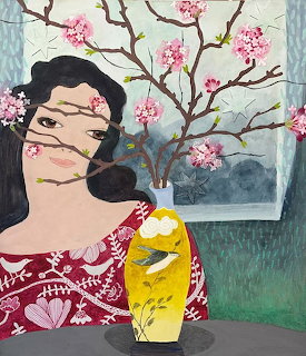 Painting of a woman with dark hair next to a yellow vase with pink cherry blossom branches