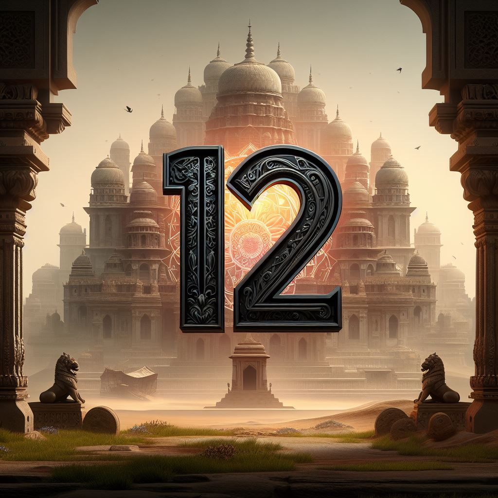 Stylized number 12 with decorative Taj Mahal palace backdrop viewed through archway at sunset