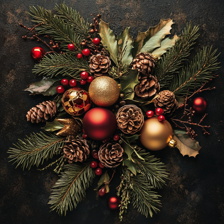 Christmas centerpiece of pine branches, pinecones, holly, red berries, and red and gold ornaments