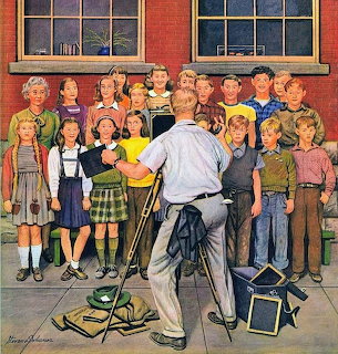 Vintage illustration of photographer taking school class photo with children arranged in rows against brick schoolhouse
