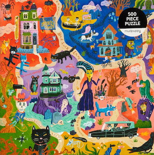 Colorful illustrated Halloween village with houses, ghosts, cats, spiders and children in costumes across four seasonal scenes