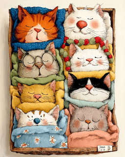 Eight cartoon cats with closed eyes nestled in colorful blankets and pillows, arranged in a cozy grid pattern