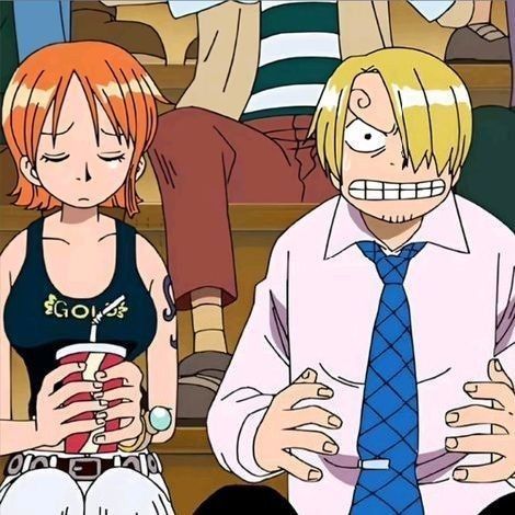 Anime illustration of Nami and Sanji from One Piece sitting together at a table with beverages