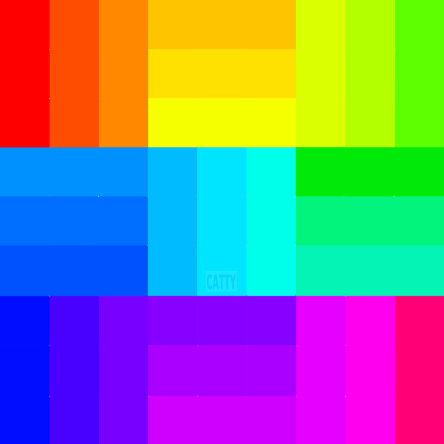Grid of bright rainbow colored squares arranged in spectrum order from red to magenta