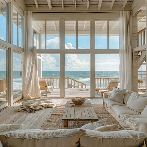 Airy beachfront living room with large windows overlooking ocean and deck with furniture