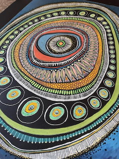 Colorful circular mandala with concentric rings and geometric patterns in blue, orange, green, and yellow tones